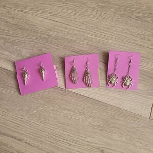 Pack of 3 handmade silver gothic earrings crow skull spider and skeleton hand nw
